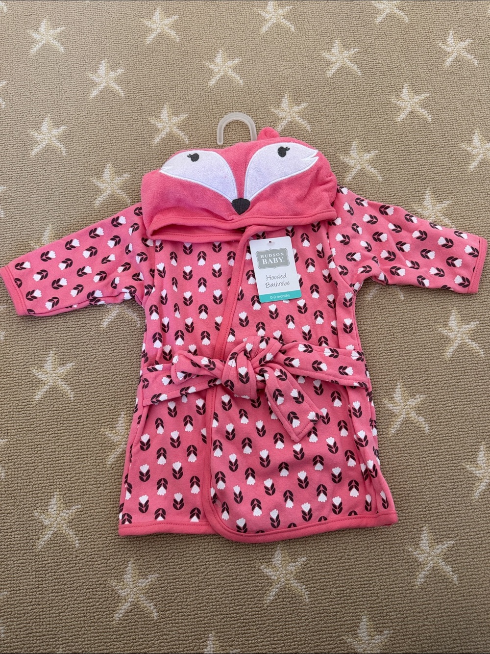 Hudson Baby Coral Pink Fox Hooded Robe with Feather Print